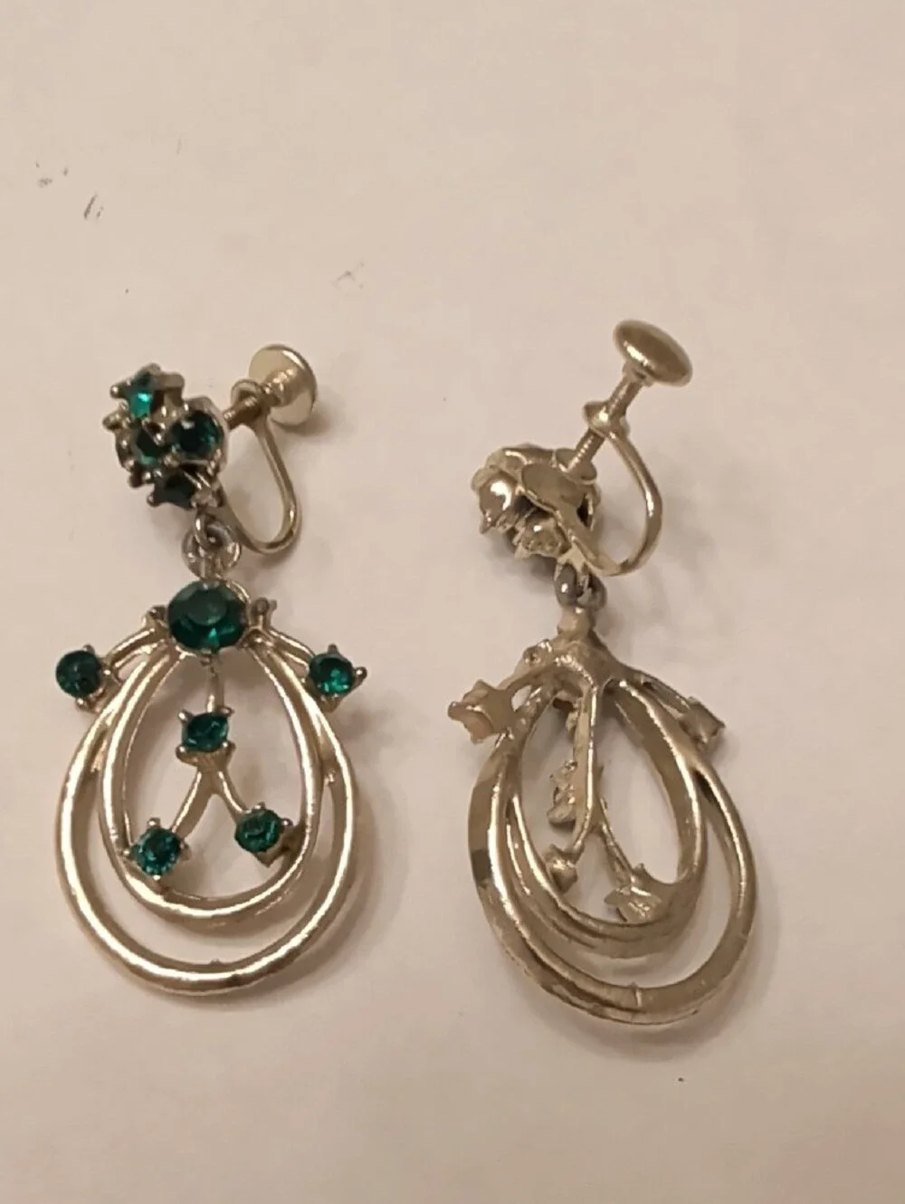 Vintage Silver-Tone Teardrop Screw Back Earrings with Emerald Green Rhinestones